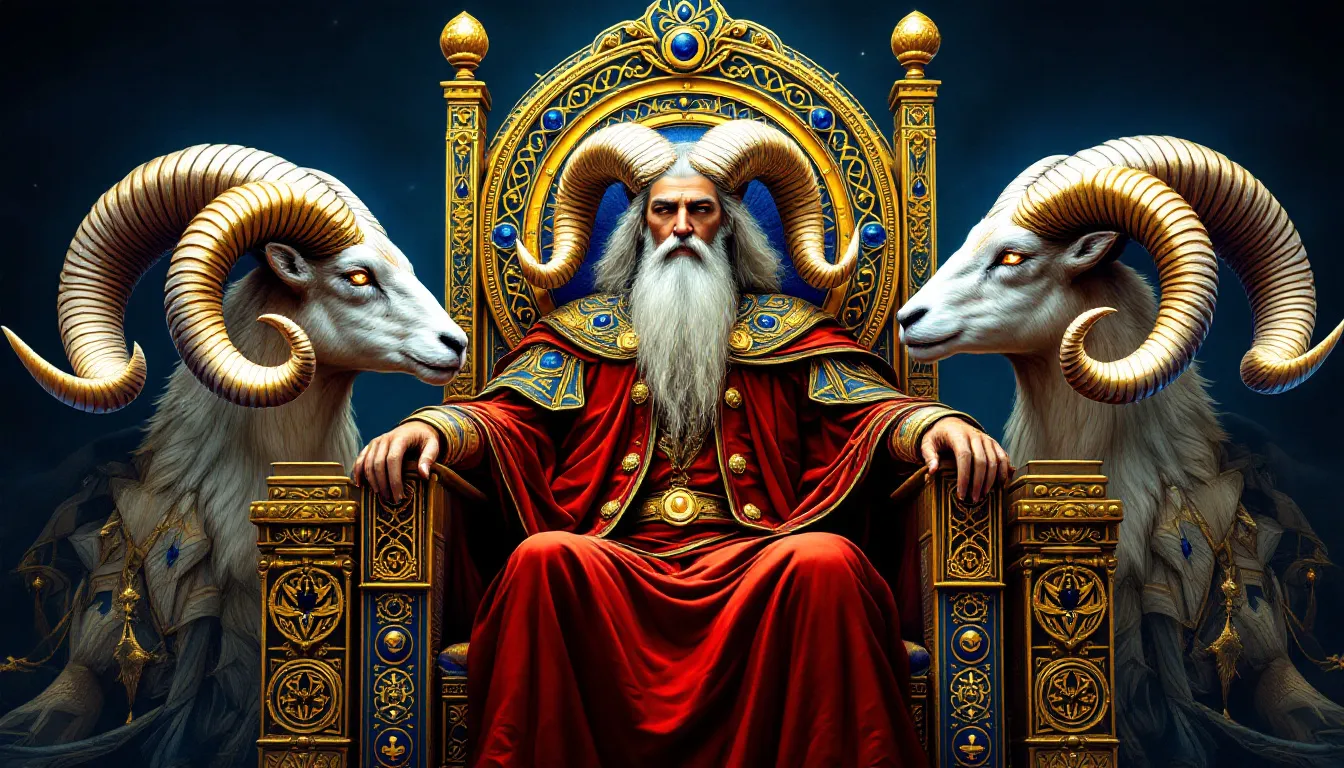 Symbolic elements of the Emperor tarot card, including a throne and ram heads.