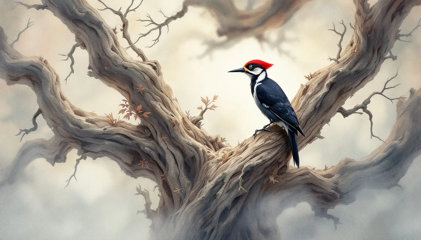 An illustration of a woodpecker in its natural habitat, representing the spiritual meaning of woodpeckers.