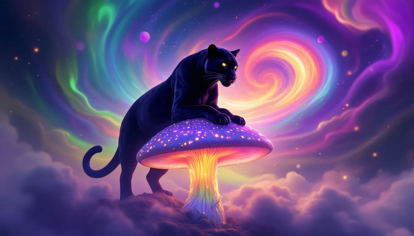 An artistic representation of a black panther in a dreamlike landscape.