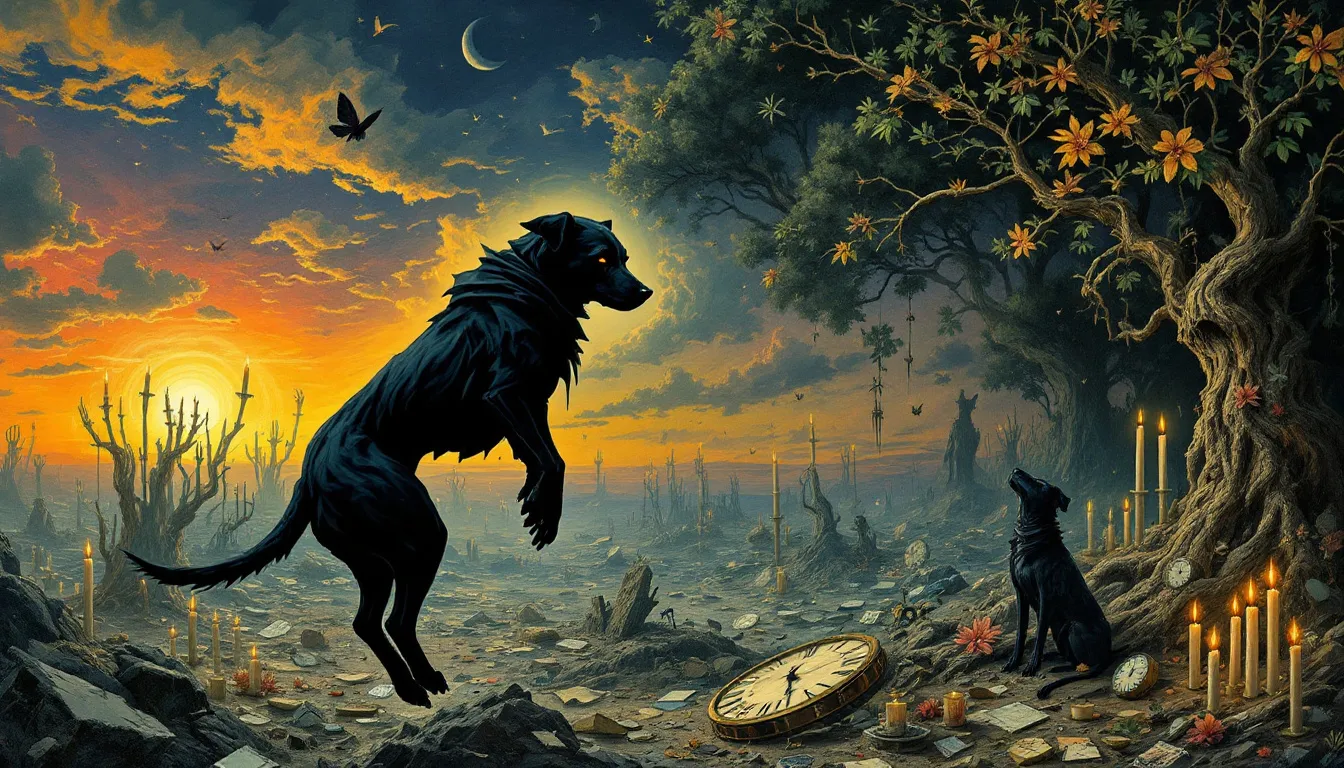 Various scenarios involving black dogs, representing different dream interpretations.