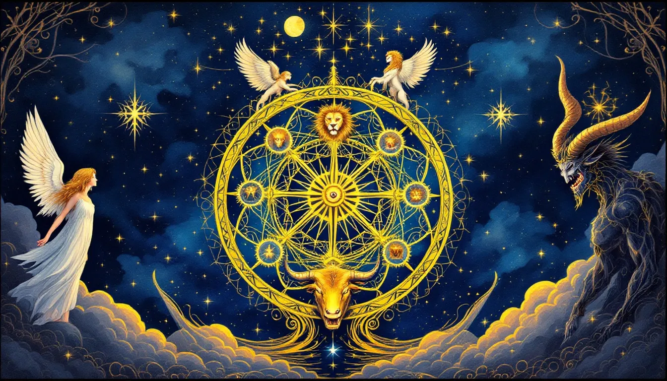 A symbolic illustration representing the timing and life cycles associated with the Wheel of Fortune tarot.
