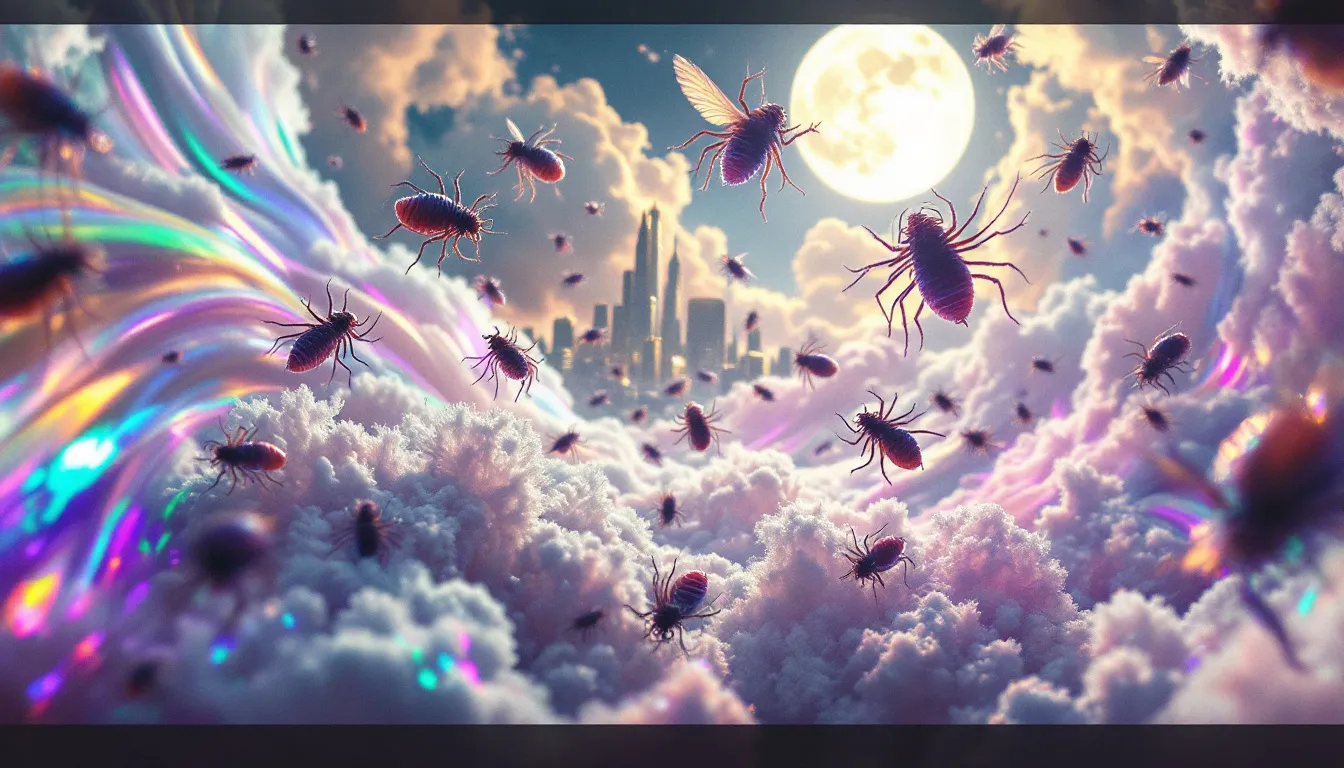An abstract representation of dreaming with lice, featuring blurred images of lice in a surreal setting.
