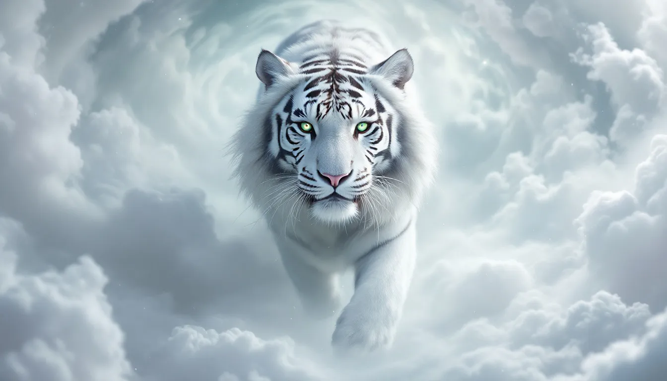 An ethereal white tiger symbolizing spiritual meanings in dreams.