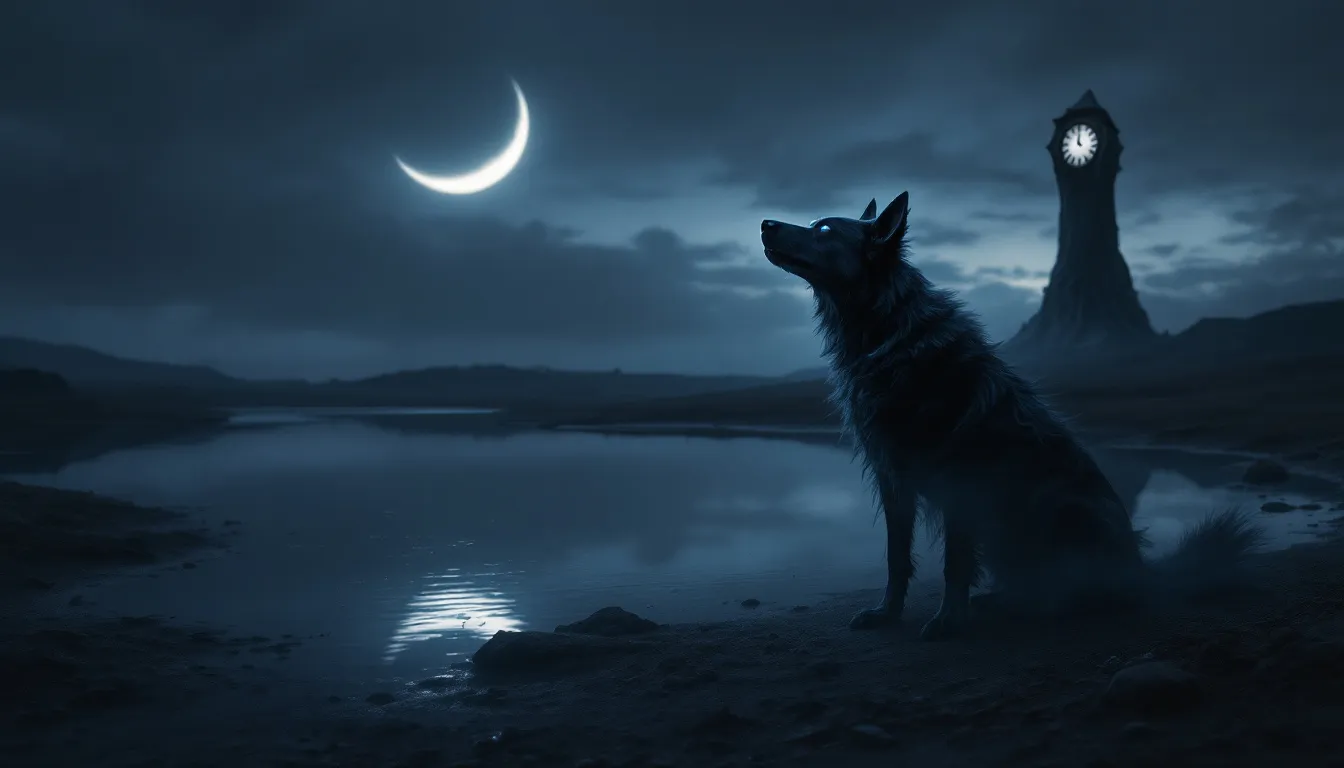 A black dog in a dreamlike setting, symbolizing deeper meanings and subconscious fears.
