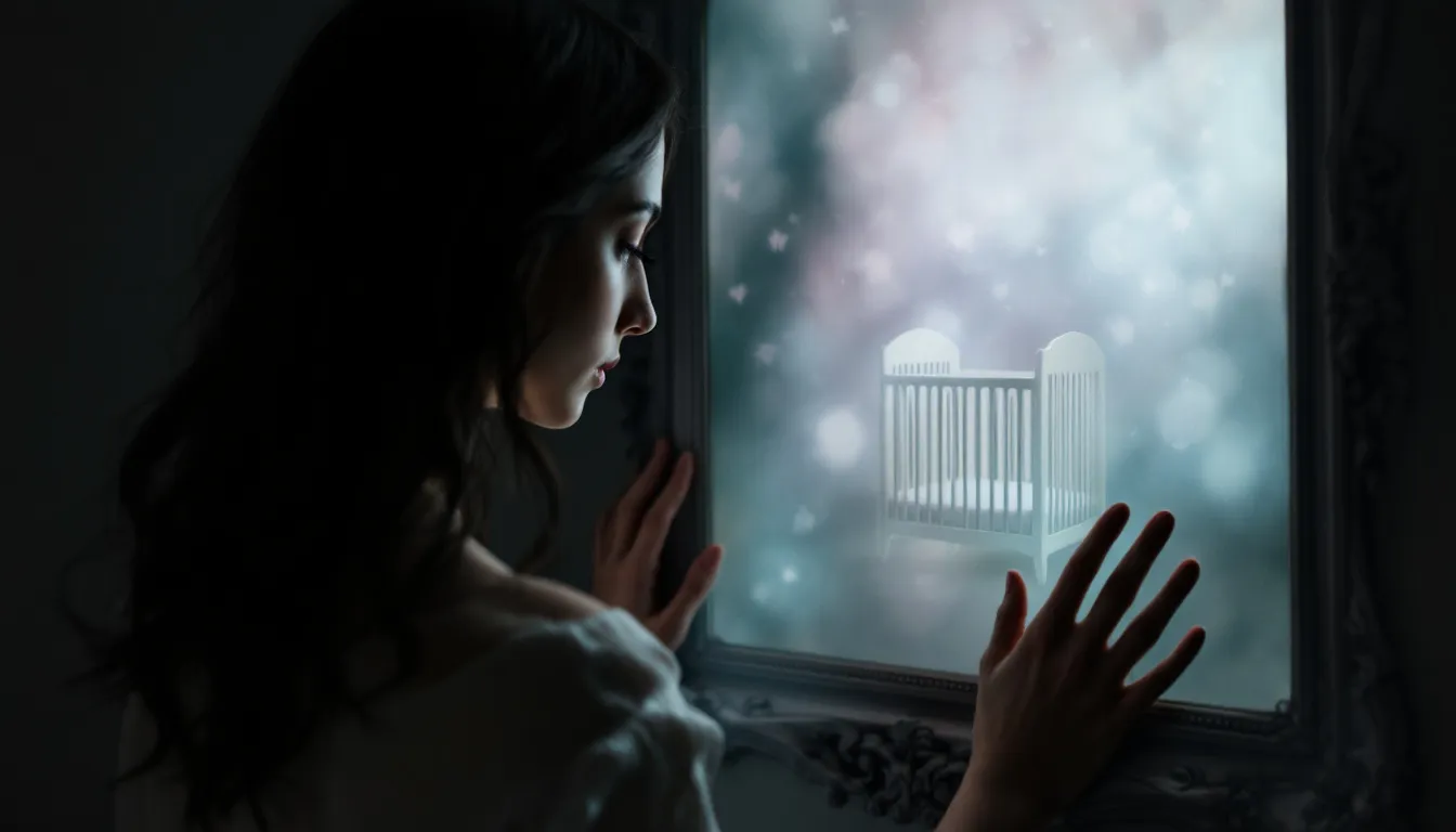 A woman looking contemplatively at a blurred image of a nursery, evoking feelings related to miscarriage dreams.
