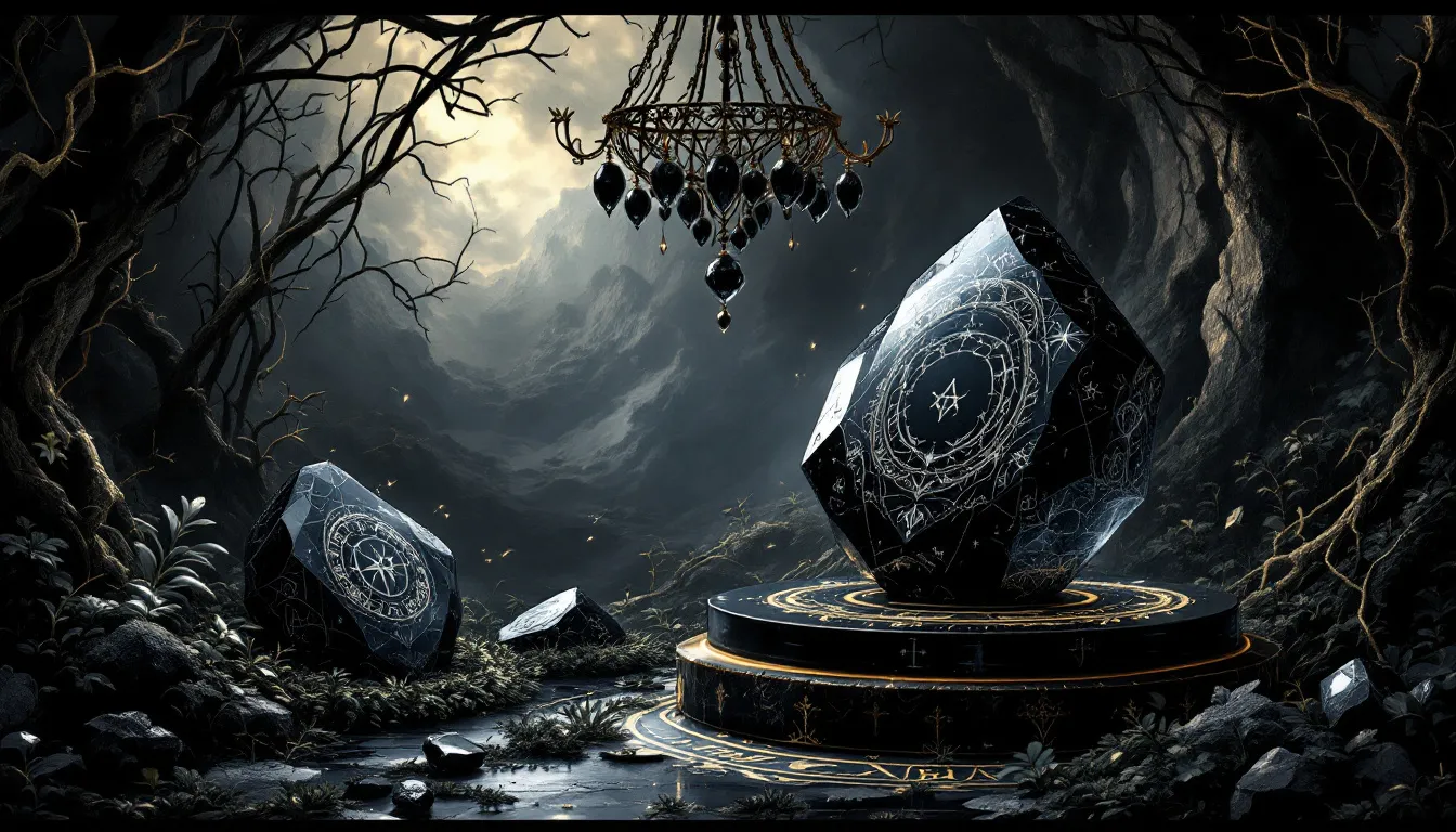 Different types of black gemstones, including black onyx and black obsidian.