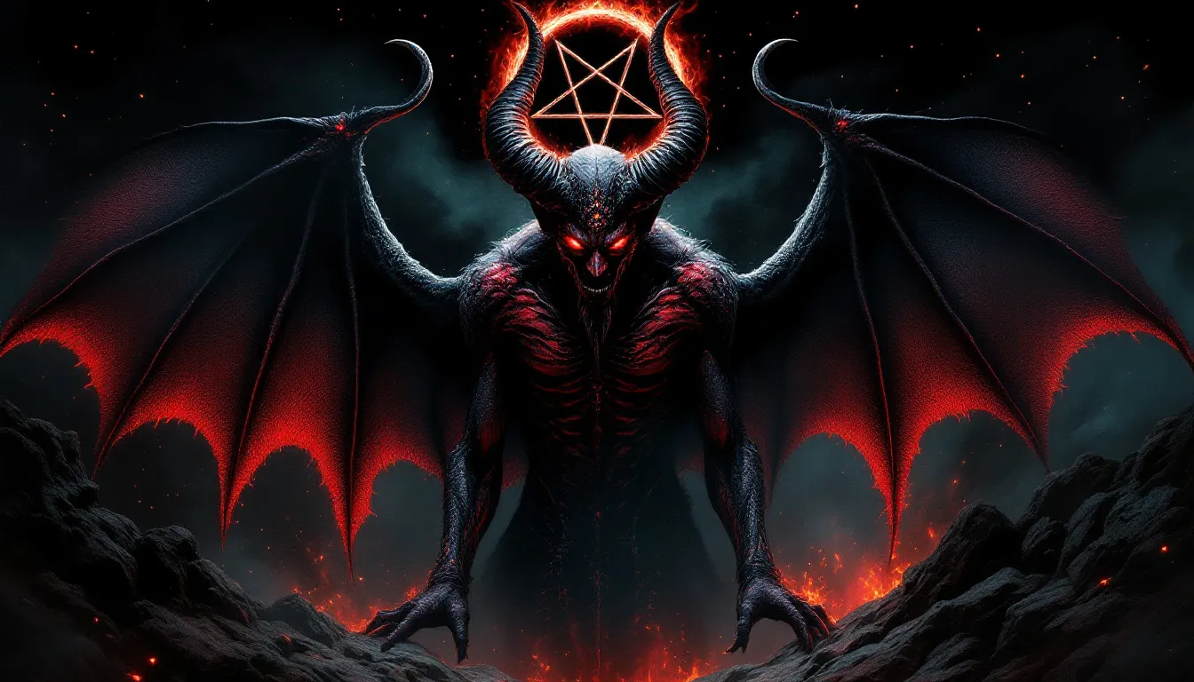 An artistic representation of the devil tarot card imagery, featuring bat wings and an inverted pentagram.