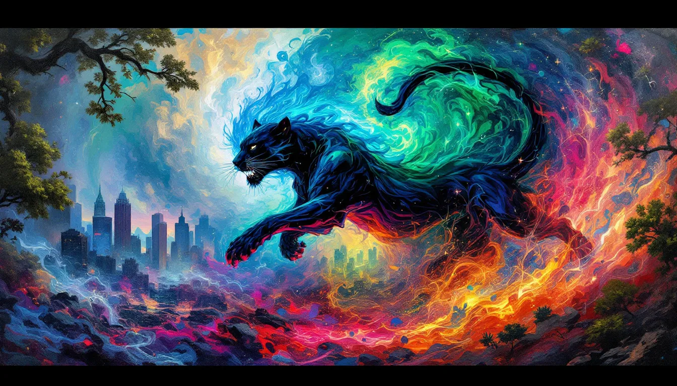A surreal illustration of various black panther dream variations.