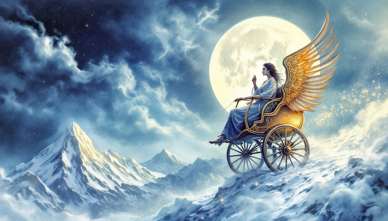 An artistic representation of the Chariot Tarot card, depicting the symbolism and elements associated with it.