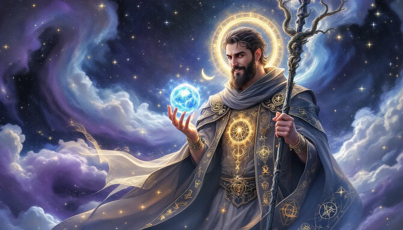 The Magician tarot card depicted with astrological and numerological symbols.