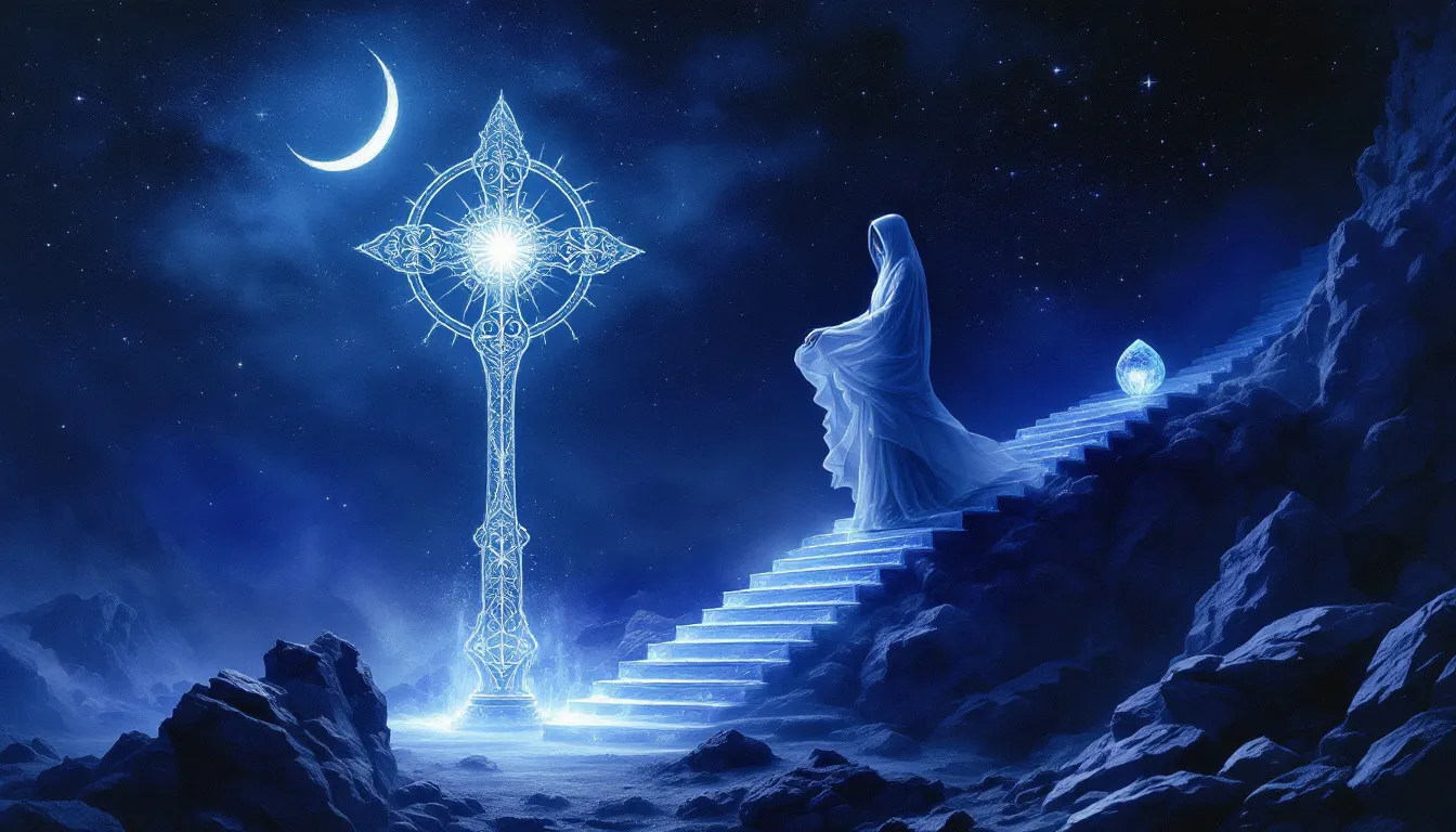 Symbolic imagery related to the High Priestess, including the crescent moon and the solar cross.