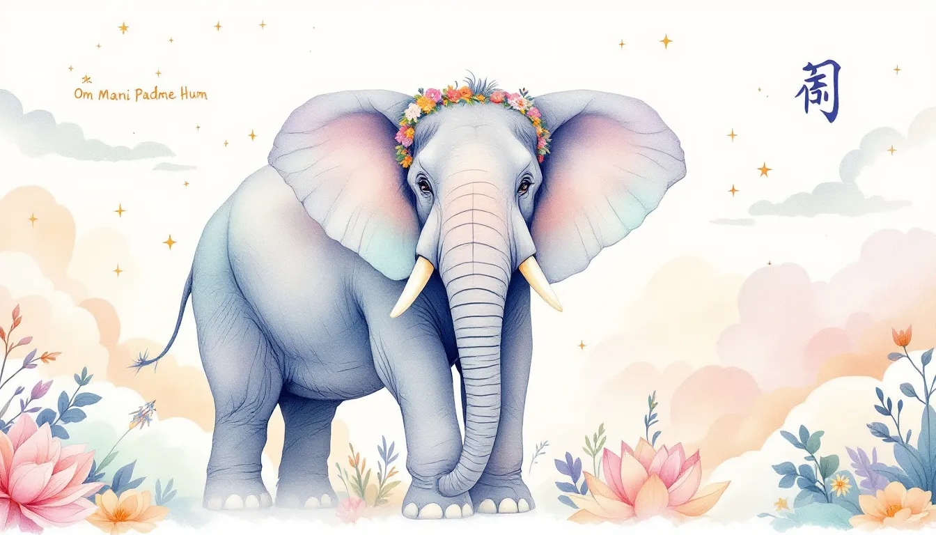 A majestic elephant surrounded by cultural symbols, representing its spiritual significance.