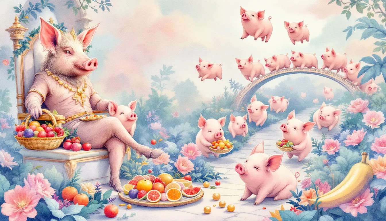 Cultural representations of pigs symbolizing abundance and gluttony.