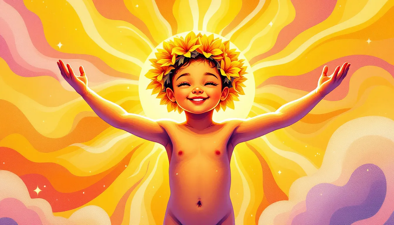 An illustration depicting the sun tarot card with vibrant colors.