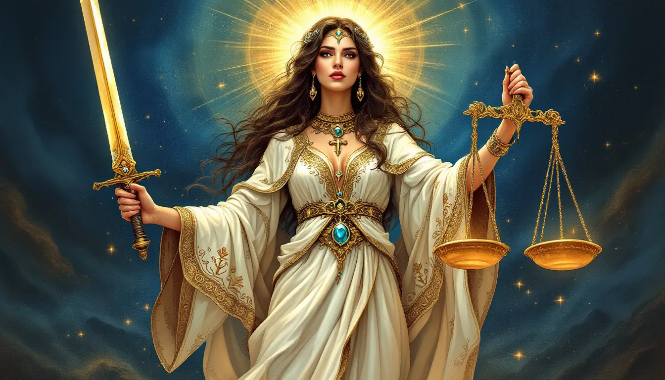 An illustration depicting the balance of logic and intuition with the Justice tarot card.