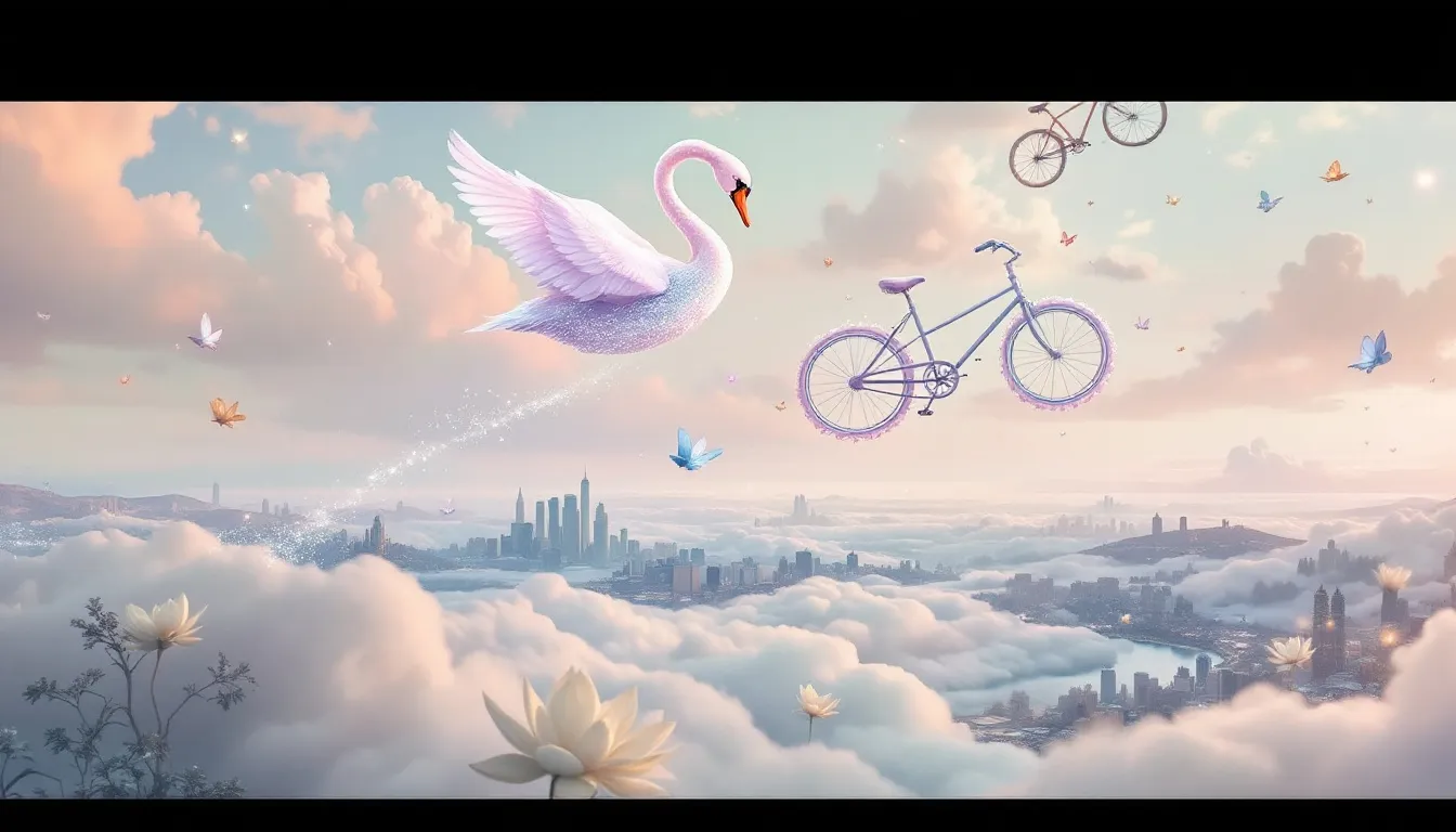 A collage of various bicycle scenarios, representing common themes in bicycle dreams.