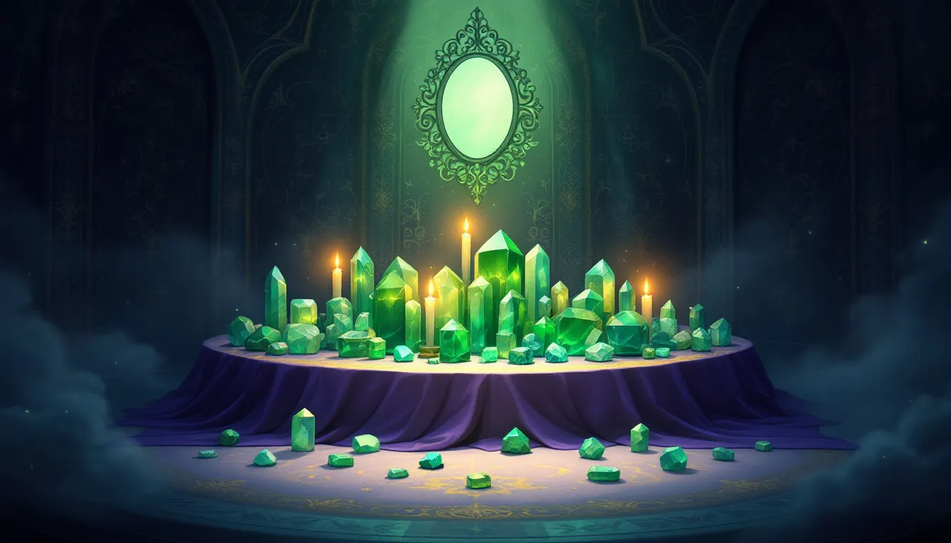A serene setting featuring green crystals used in meditation and spiritual practices.