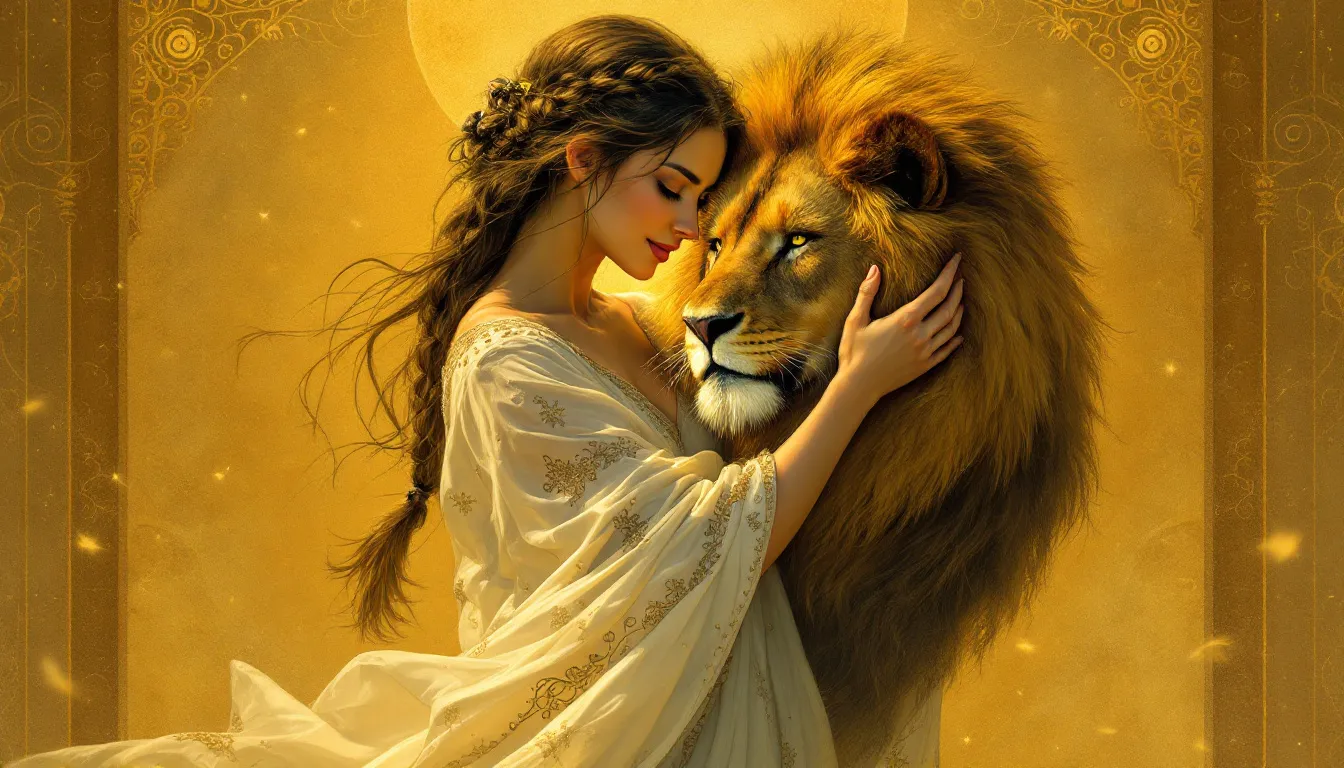 An illustration of the Strength tarot card depicting a woman gently holding a lion, symbolizing inner strength.