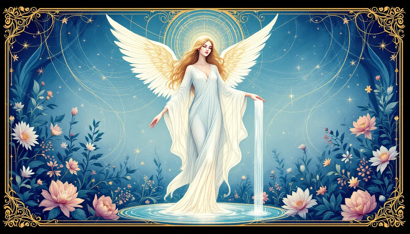 A beautifully illustrated temperance tarot card representing balance and harmony.