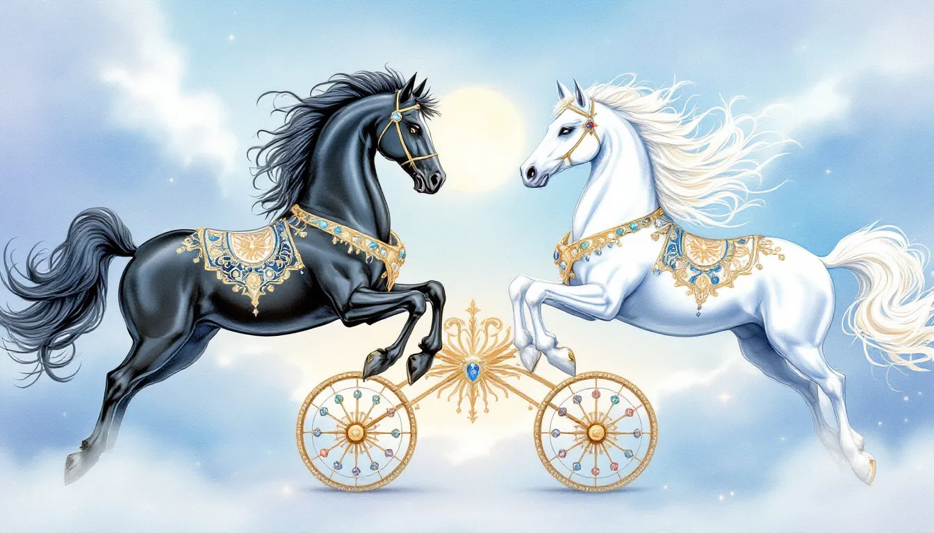 Symbolism of the Chariot Tarot card illustrated with two horses representing opposing forces.