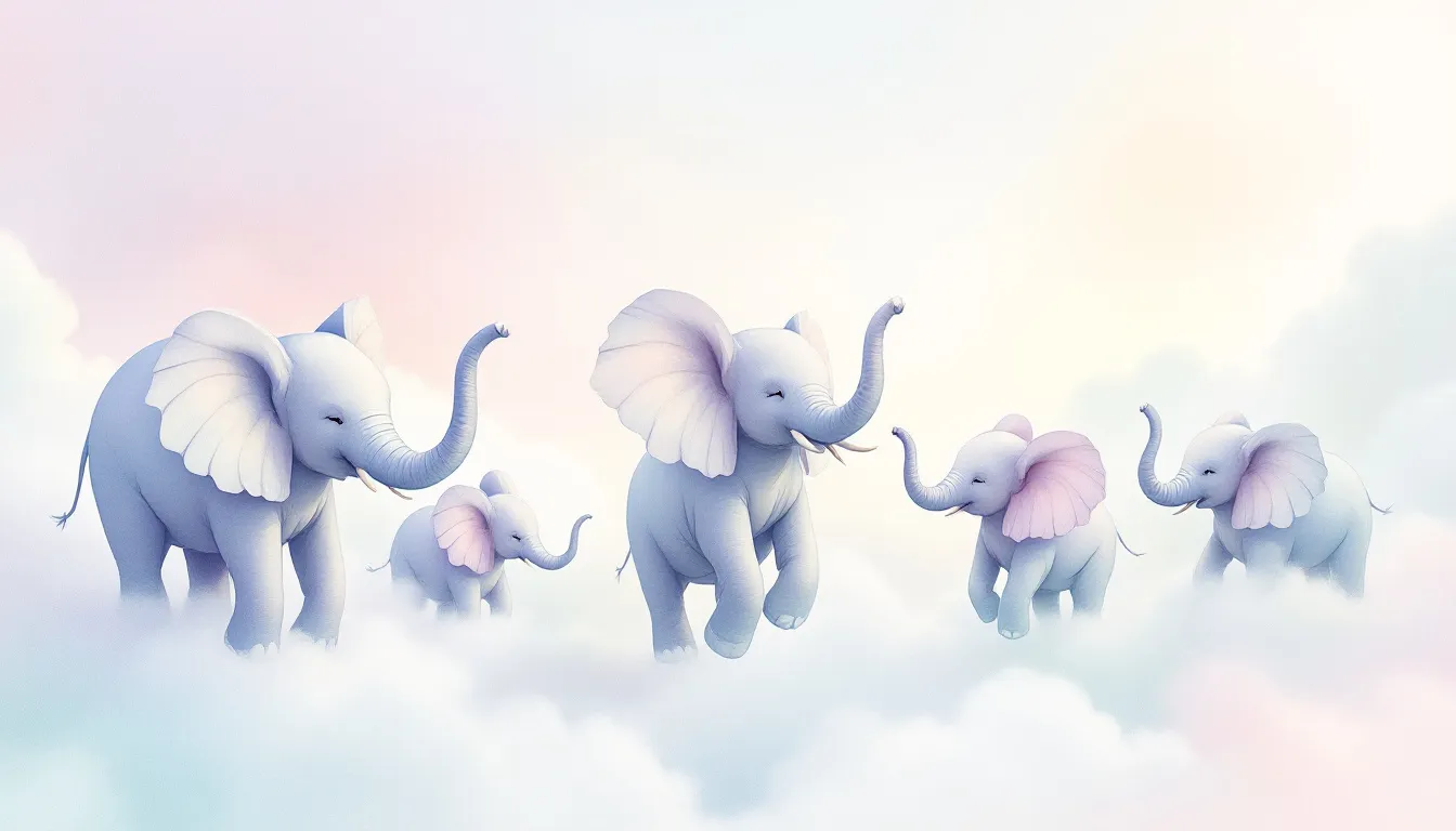 An abstract depiction of flying elephants, illustrating the fantastical nature of dreams.