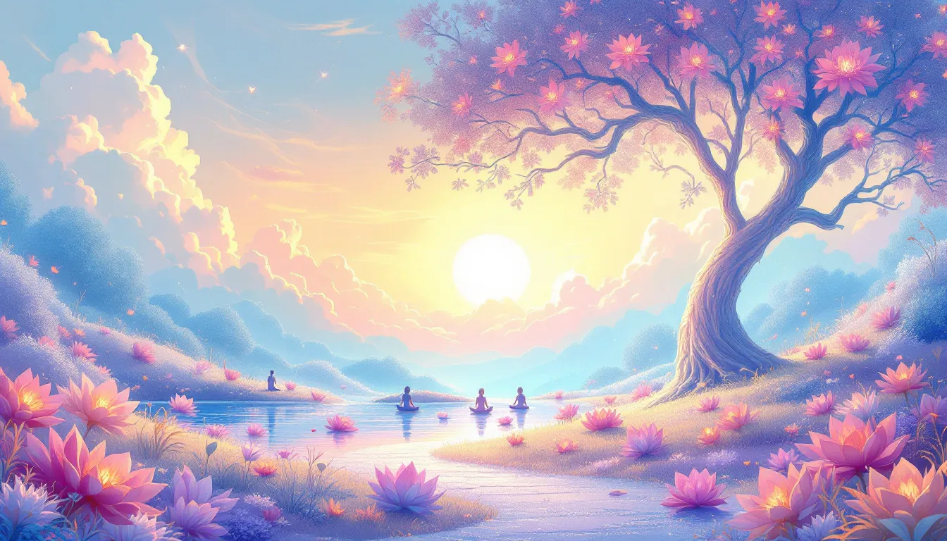 An illustration of mindfulness practices enhancing a rainbow aura.