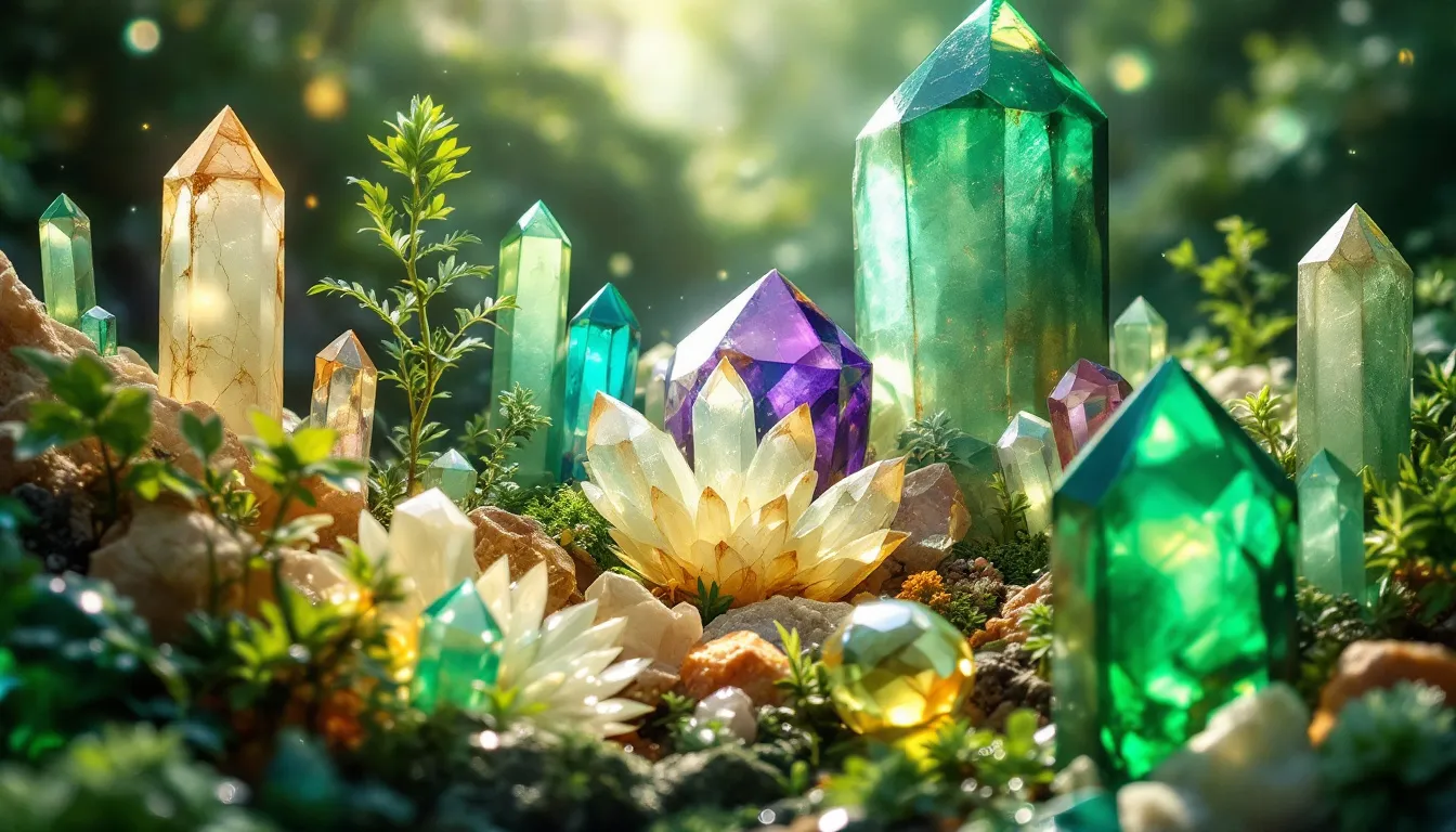 A variety of green crystals displayed together, showcasing their unique shapes and colors.
