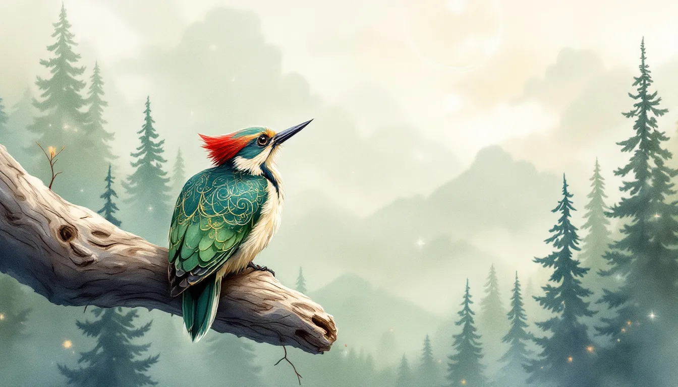 A cultural representation of woodpeckers in various traditions, featuring a woodpecker in a symbolic context.