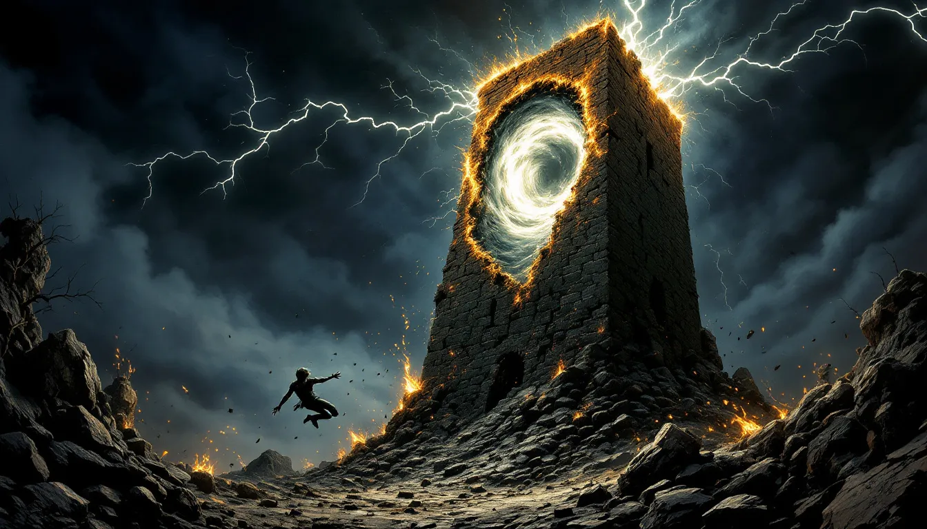 Symbolism of the tower tarot card with lightning and destruction.