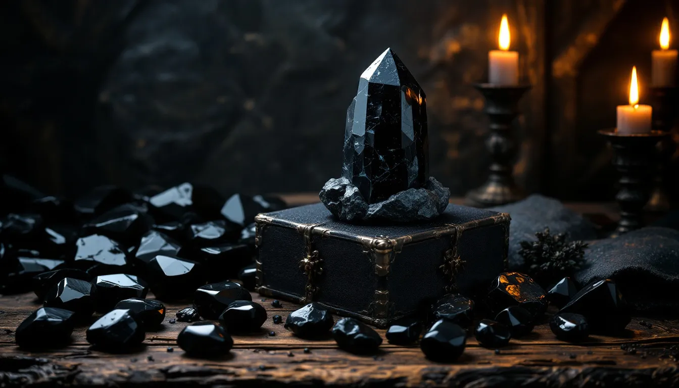 An assortment of black gemstones used for crystal healing.