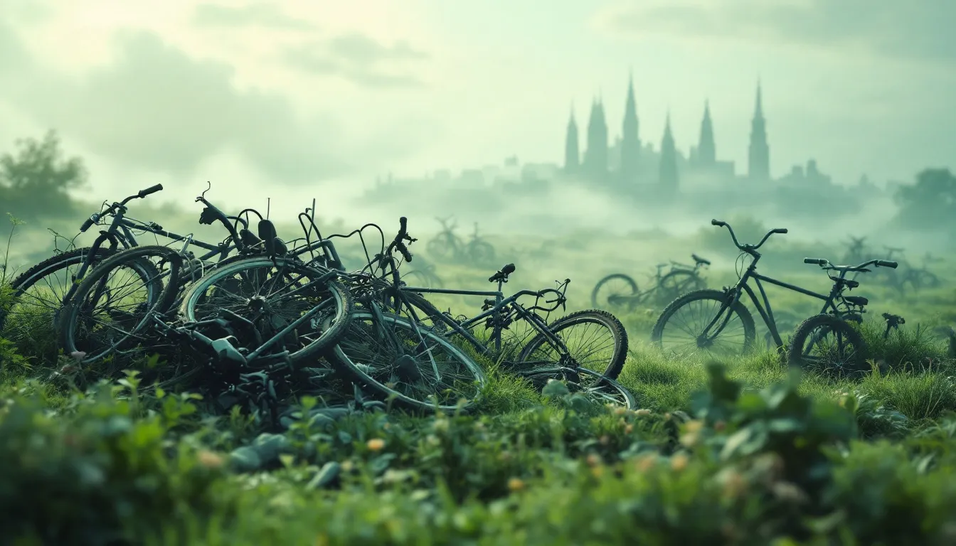 A collection of broken and lost bicycles, symbolizing challenges in dreams.
