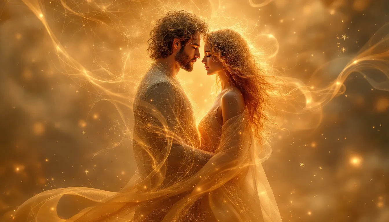 A couple with a warm brown aura surrounding them, symbolizing connection.