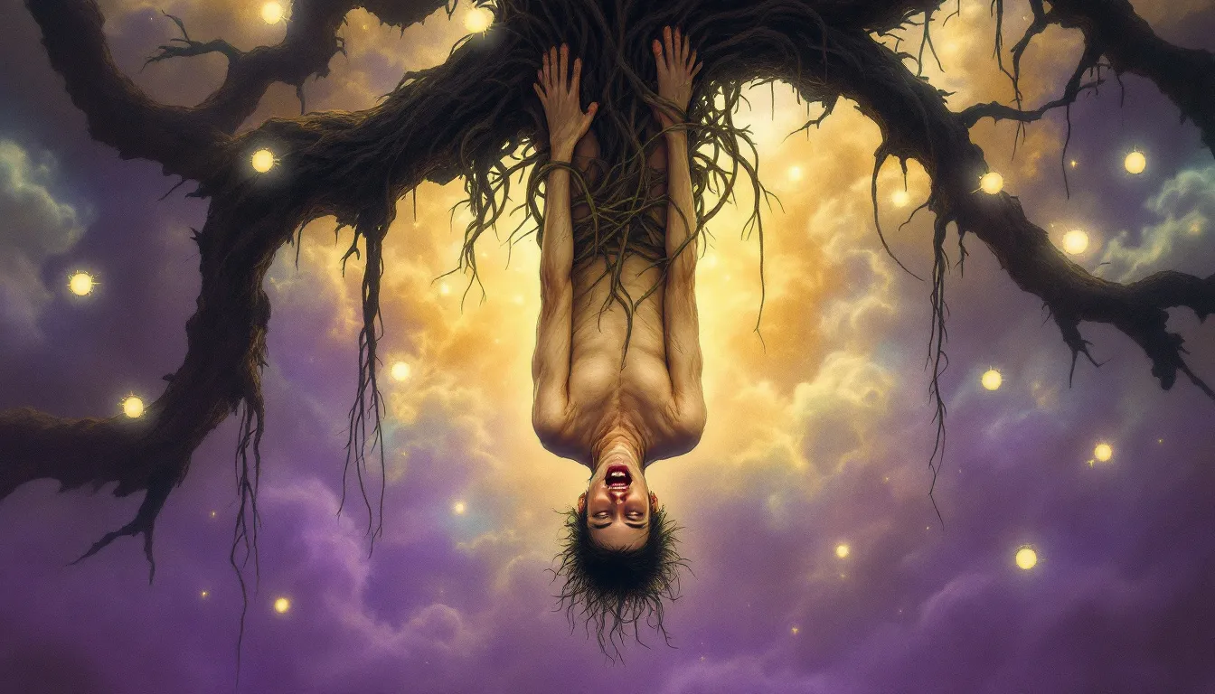 A visual representation of the Reversed Hanged Man tarot card, showcasing a man in an inverted position.