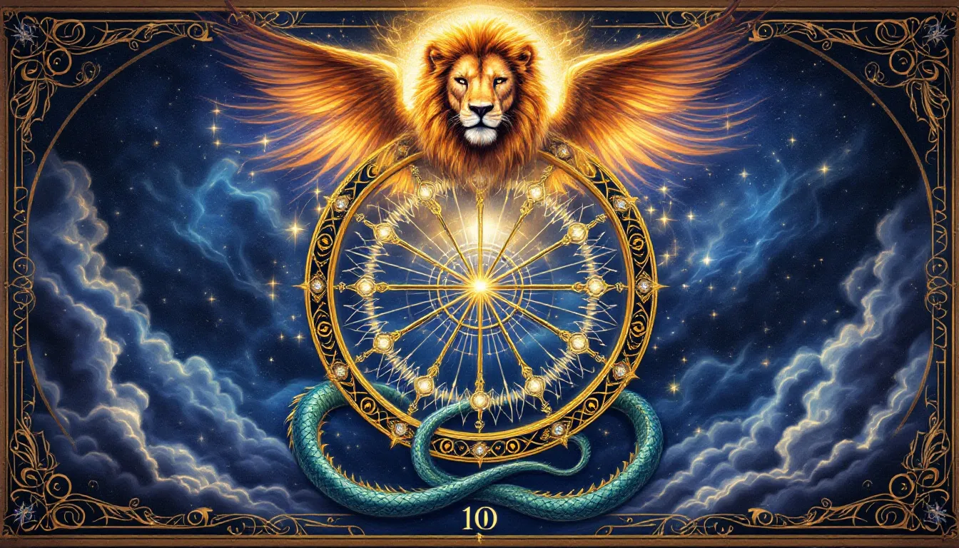 An imaginative depiction of the Wheel of Fortune in the context of astrology and numerology.