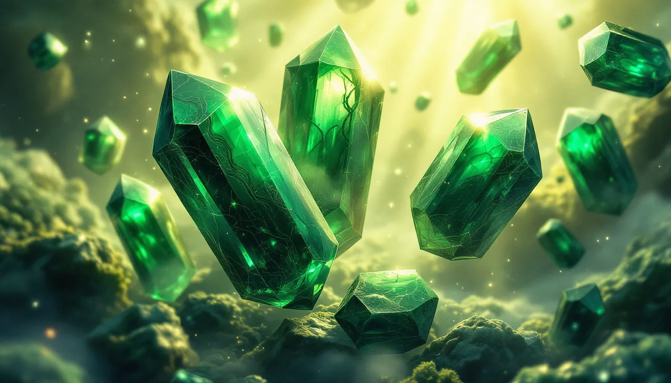 Close-up of popular green crystals, highlighting their textures and colors.