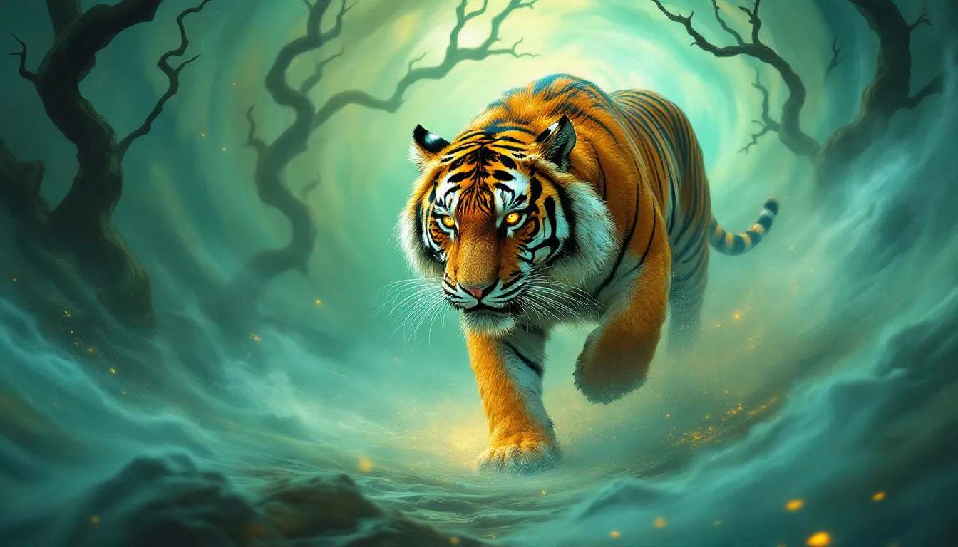 A majestic tiger in a dreamlike setting, symbolizing the power and strength of tigers.