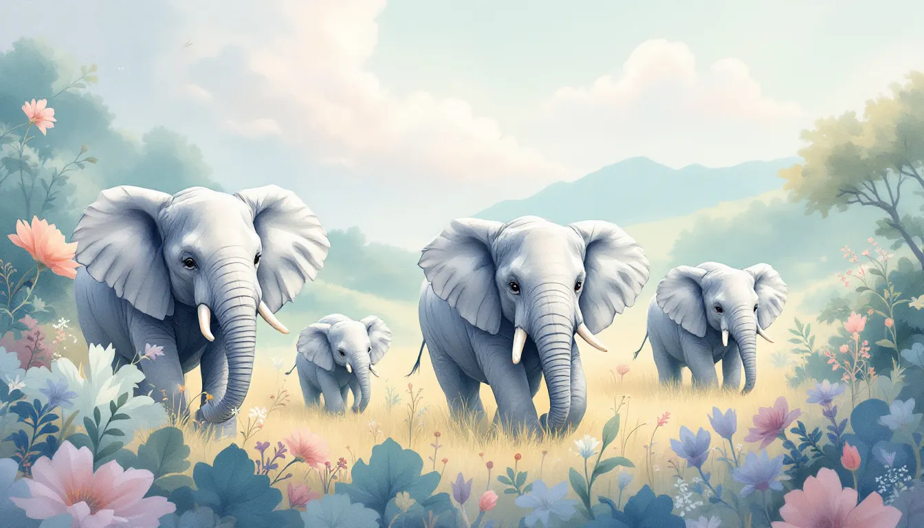 A serene image of dream elephants in a lush landscape, symbolizing strength and wisdom.