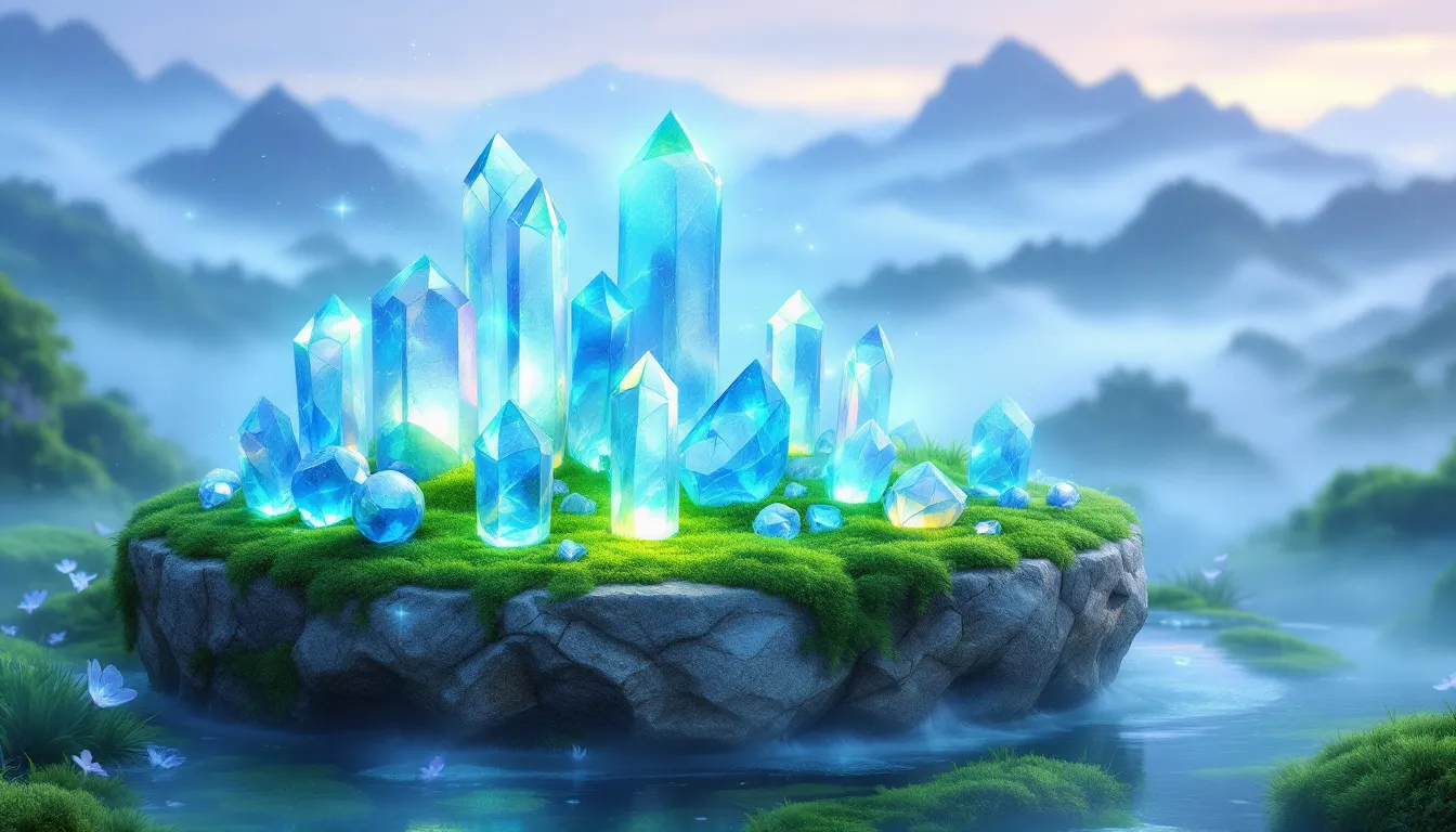 A serene setting with blue crystals arranged for healing and meditation.