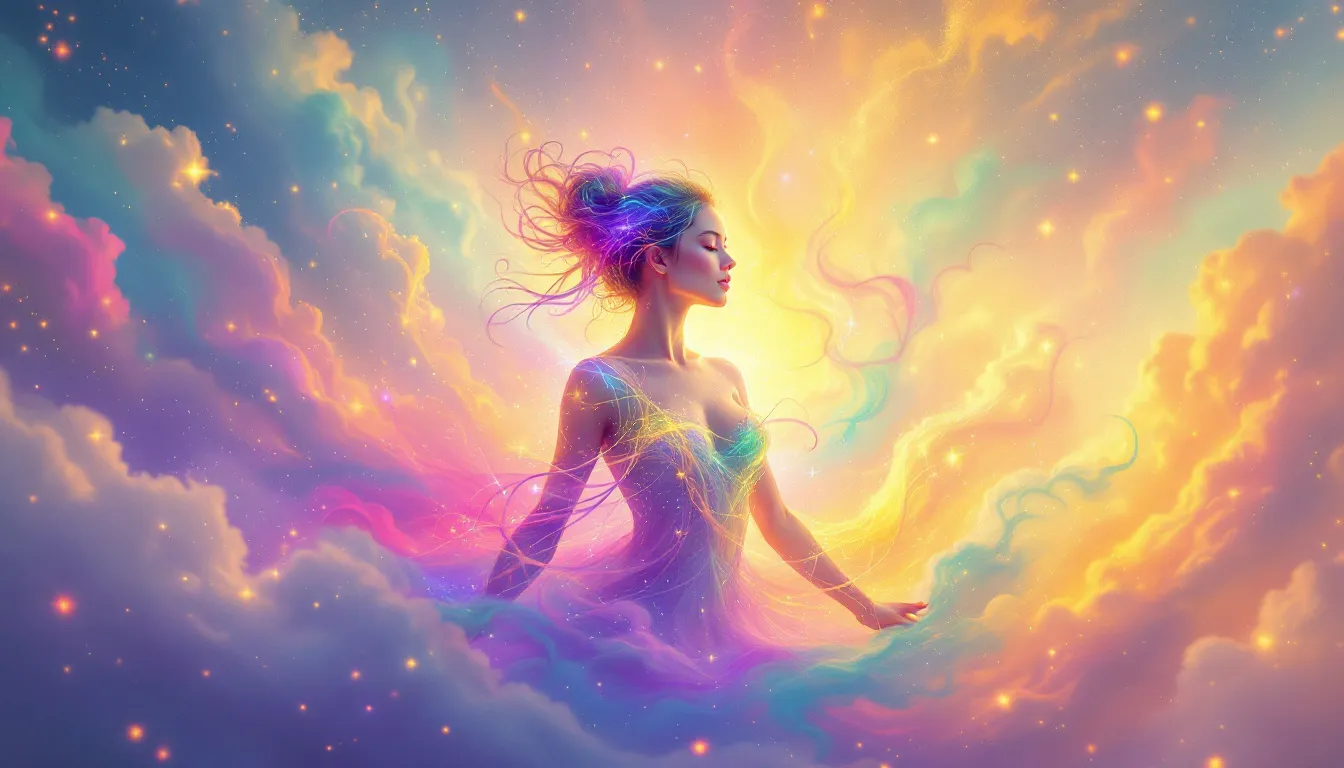 An illustration of a person surrounded by a vibrant rainbow aura.