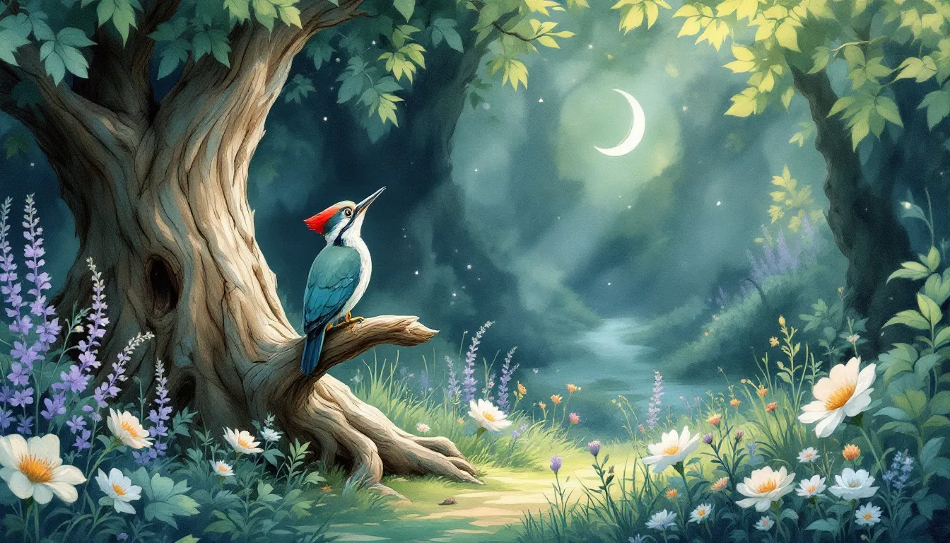 A hopeful scene illustrating the idea of good luck associated with seeing a woodpecker.
