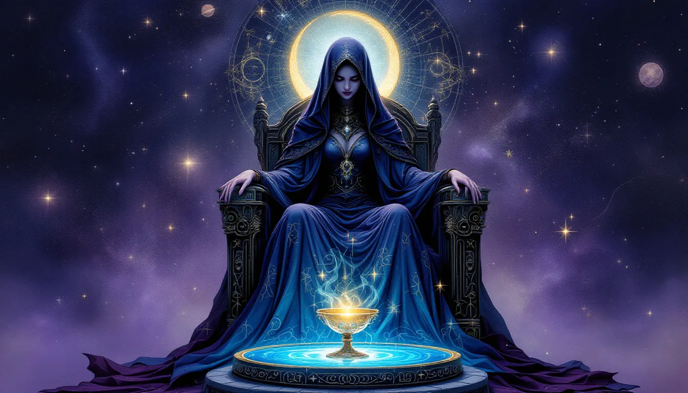 An artistic representation of the High Priestess tarot card, symbolizing intuition and the divine feminine.
