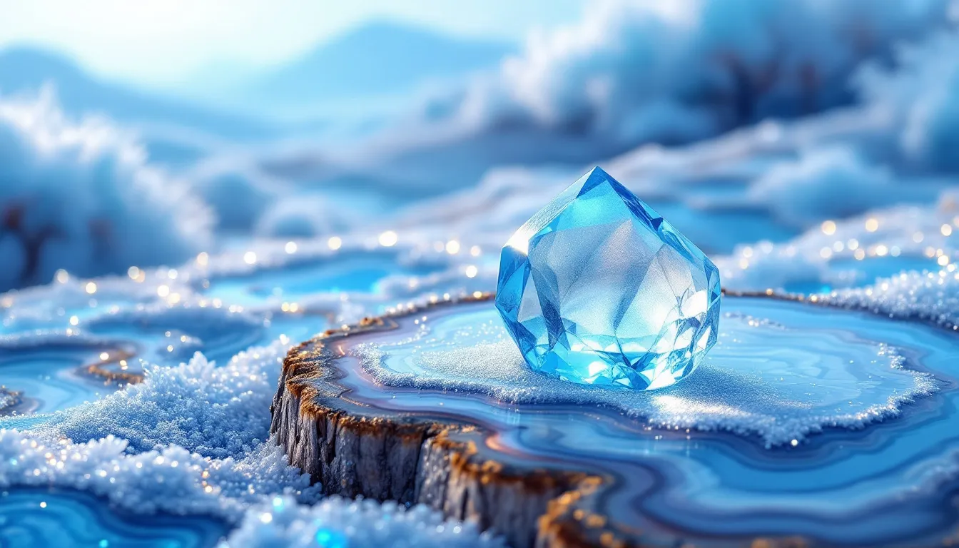 Light blue crystals including aquamarine and blue lace agate, emphasizing their calming properties.