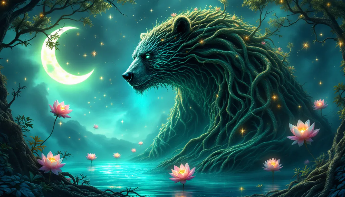 A mystical representation of the spiritual significance of bears in dreams.