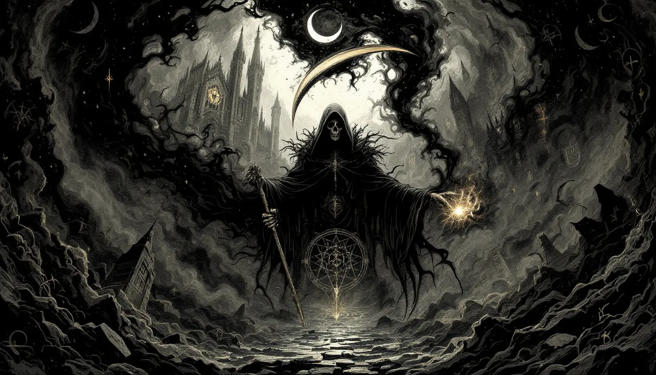 A visual representation of the Death card in various contexts, emphasizing its meanings.