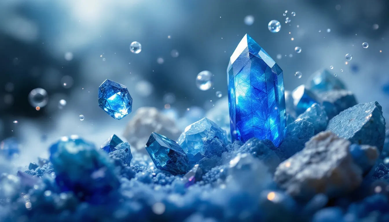 A collection of various blue crystals and gemstones, showcasing their beauty and diversity.